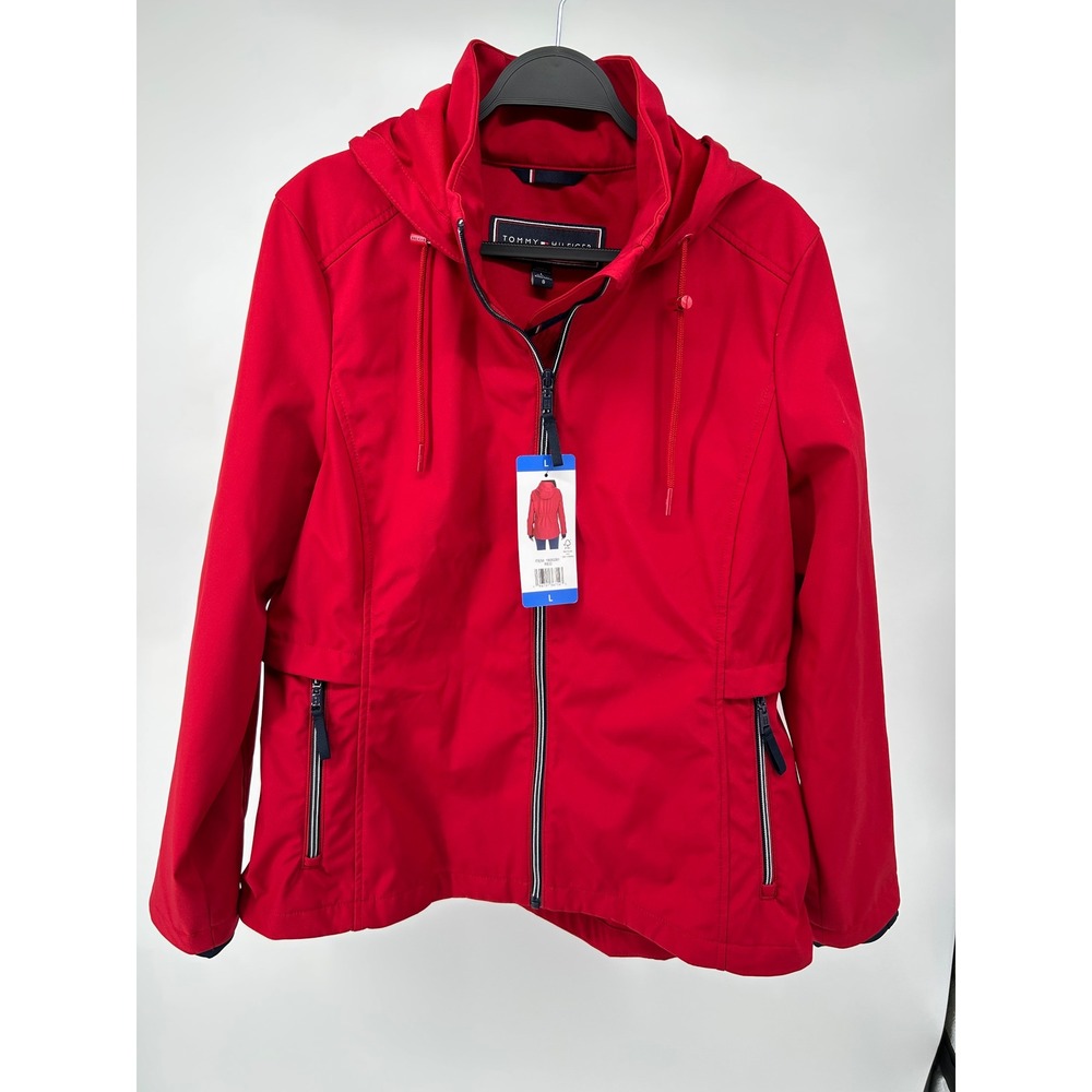 Tommy Hilfiger Womens Red Softshell Hooded Jacket Full Zip Size L 1800281